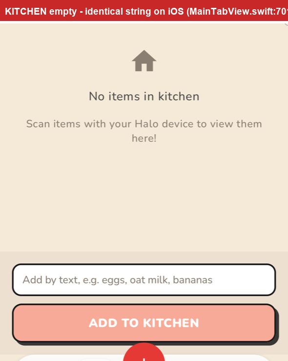 Empty kitchen screen with Halo-first copy